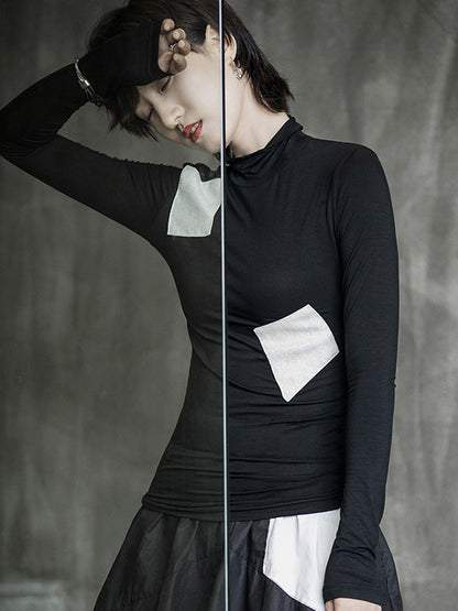 Casual Contrast Color Split-Joint High-Neck Long Sleeves T-Shirt Tops