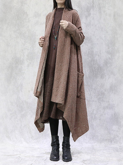 Artistic Retro Irregular Solid Color Split-Joint With Pocket Long Sleeves Cardigan Outwear