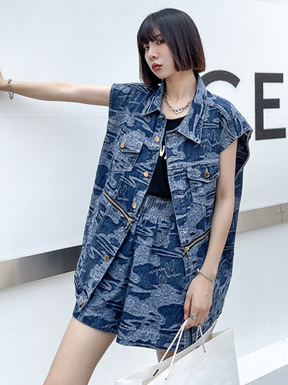 Stylish Buttoned Lapel Zipper Sleeveless Denim Two Pieces Set