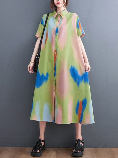 Artistic Retro Contrast Color Printed Midi Dress