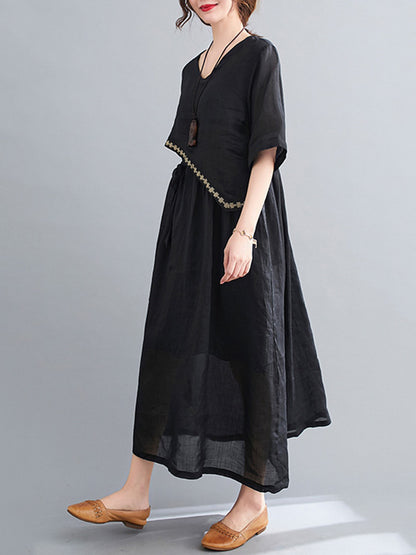Artistic Retro Solid Color Split-Joint Pleated Tied Embroidered Half Sleeves V-Neck Midi Dress