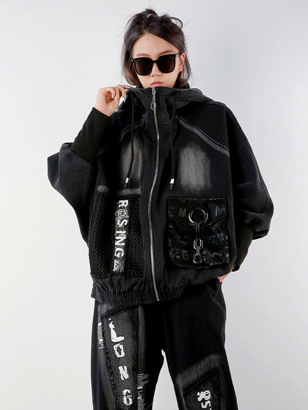 Stylish Cool Street Long Batwing Sleeves Letter Print Zipper Hooded Jackets&Coats