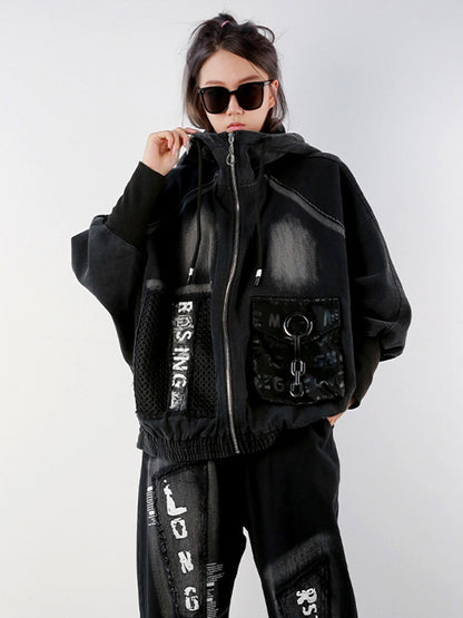 Stylish Cool Street Long Batwing Sleeves Letter Print Zipper Hooded Jackets&Coats