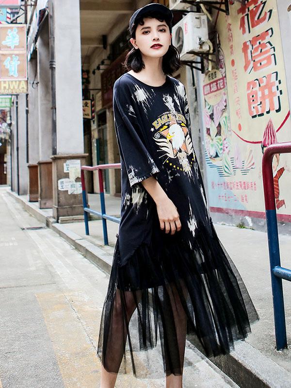 Mesh Split-joint Loose Printed Dress