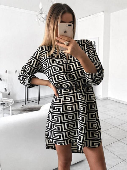 V-neck Long Sleeves Printed Shirt Mini Dresses