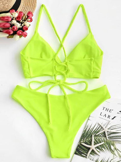 Solid Color Backless Bandage Split Bikini Swimsuit