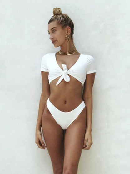 Short Sleeves Plain Bikinis Swimwear