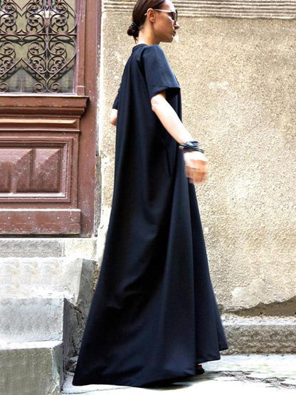 Loose Navy-blue Short Sleeves Maxi Dress