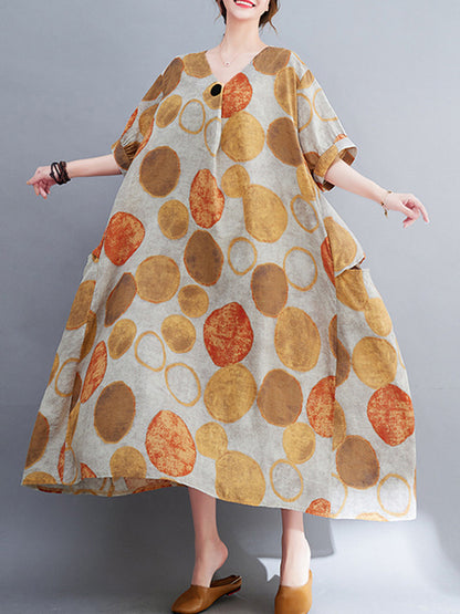 Original Artistic Retro Polka-Dot Ramie Cotton Midi Dress