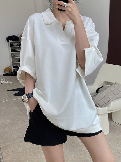 Girlish Loose Black&White V-Neck Half Sleeves T-Shirts