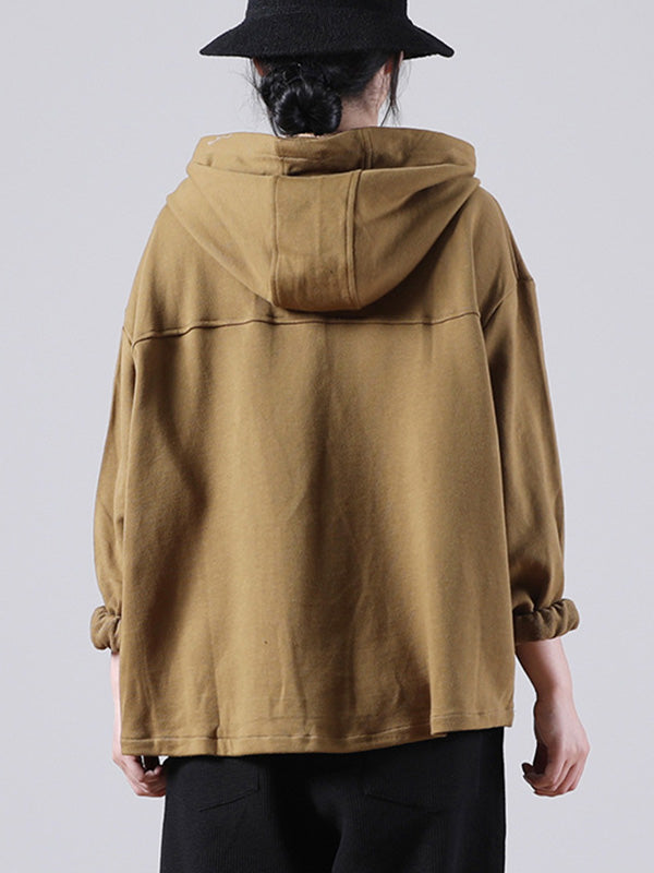 Casual Solid Color Buttoned Batwing Sleeve Hoodies