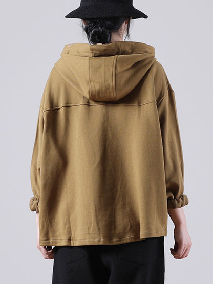Casual Solid Color Buttoned Batwing Sleeve Hoodies