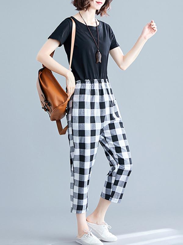 Loose Straight Leg Plaid Harem Pants