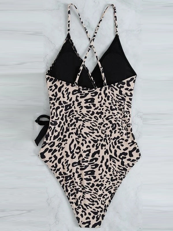 Contrast Color Leopard Tie Side One-Piece Swimsuit
