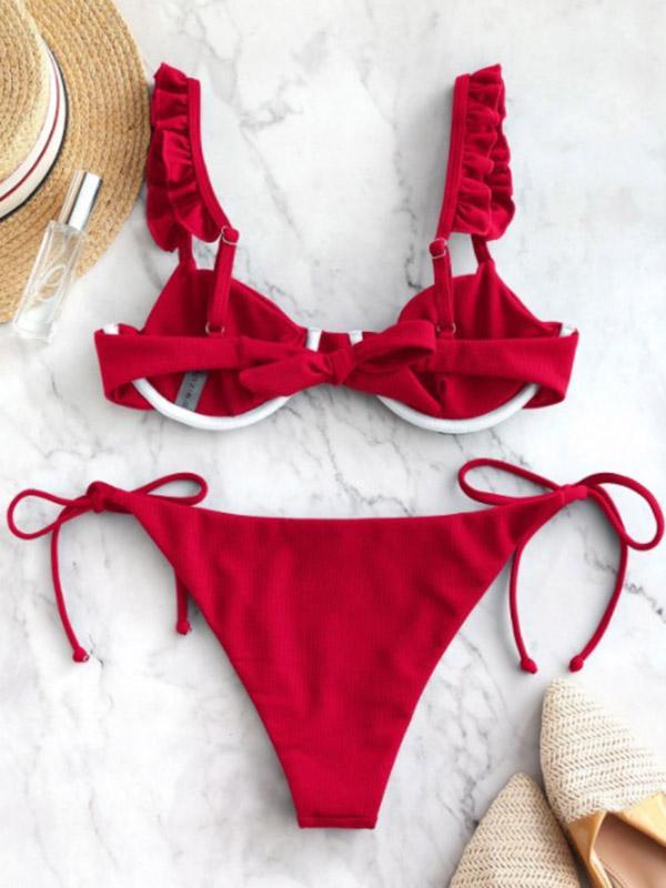 Solid Color Ruffled Split Bikini Swimsuit