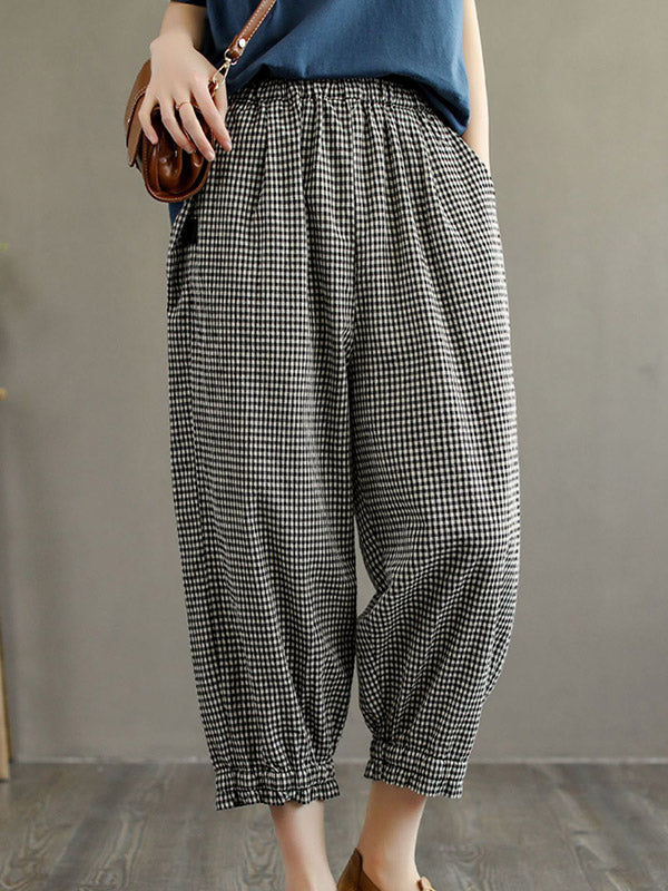 Casual Plaid Cotton Blend Capri-Pants
