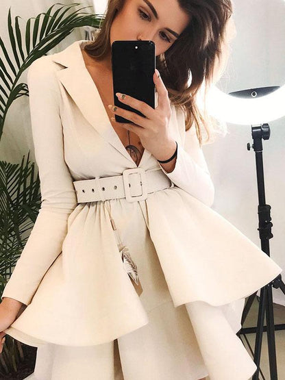 Deep V-neck Long Sleeve Tight with Belt Mini Dress