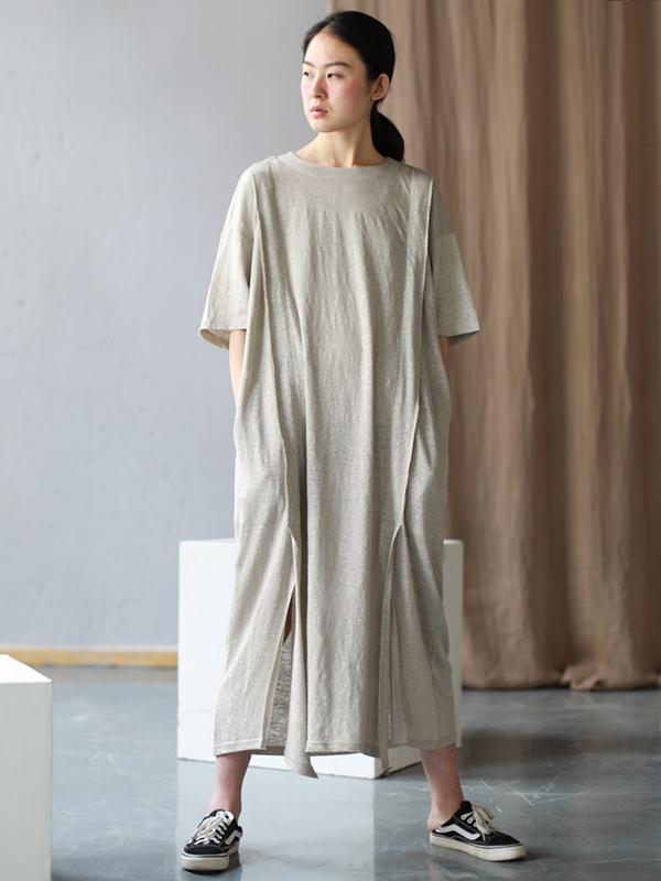 Simple Beige Split-joint Split-side Long Dress