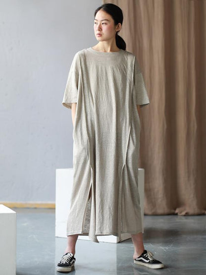 Simple Beige Split-joint Split-side Long Dress