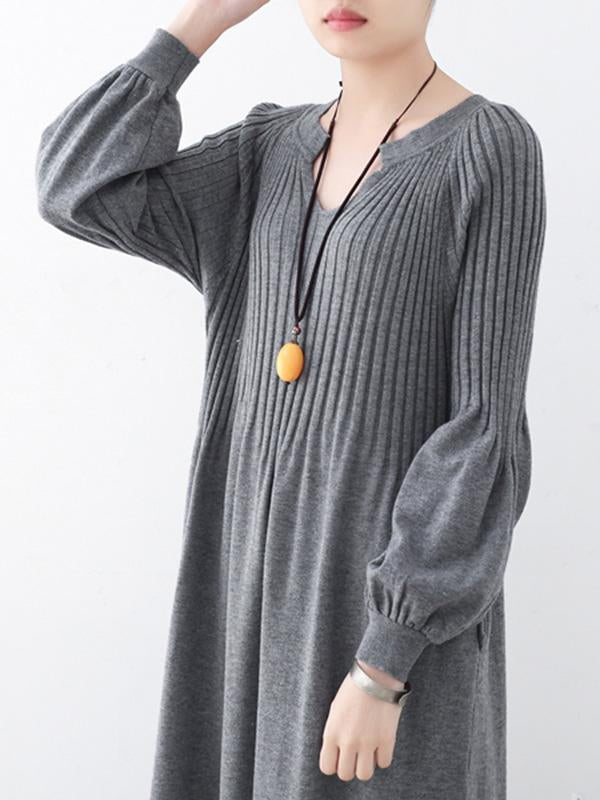 Solid Puff Sleeves Elastic Waist Sweater V-Neck Dress