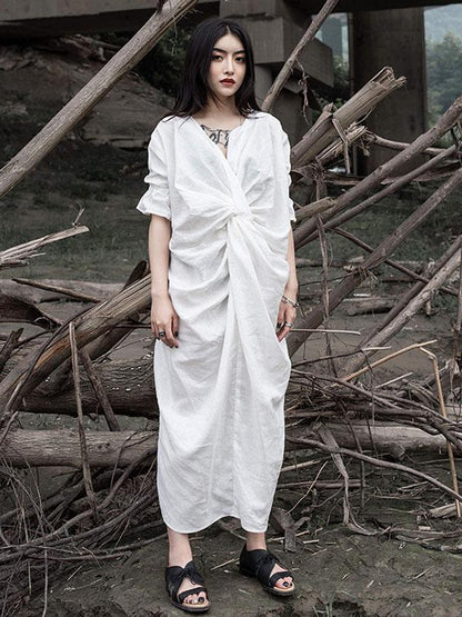 Solid Ruffled Split-Side Short Sleeves Dress