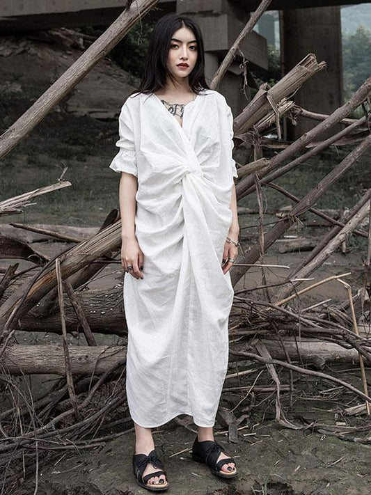 Solid Ruffled Split-Side Short Sleeves Dress