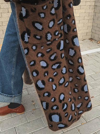 Original Leopard With Pocket V-Neck Long Sleeves Knitted Cardigan Outwear