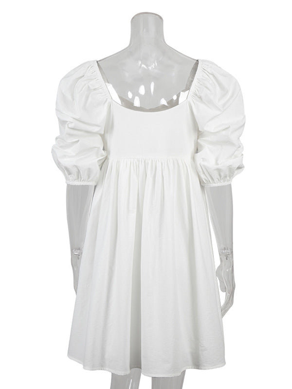 Stylish Split-Joint Pleated Puff Sleeves A-Line Mini Dress