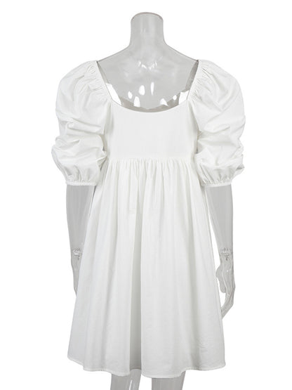 Stylish Split-Joint Pleated Puff Sleeves A-Line Mini Dress