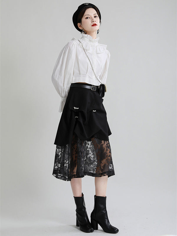 Stylish Solid Color Falbala Buttoned Pleated Stand Collar Long Puff Sleeves High-Waist Blouse