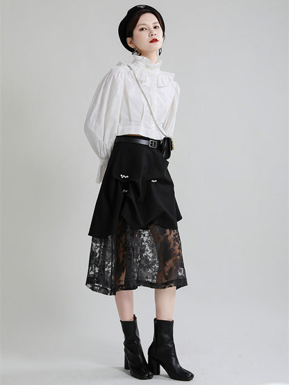 Stylish Solid Color Falbala Buttoned Pleated Stand Collar Long Puff Sleeves High-Waist Blouse