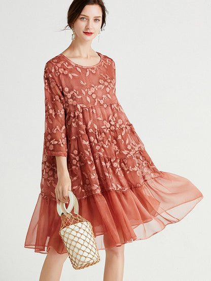 Original Loose Embroidered Solid Color Pleated Midi Dress