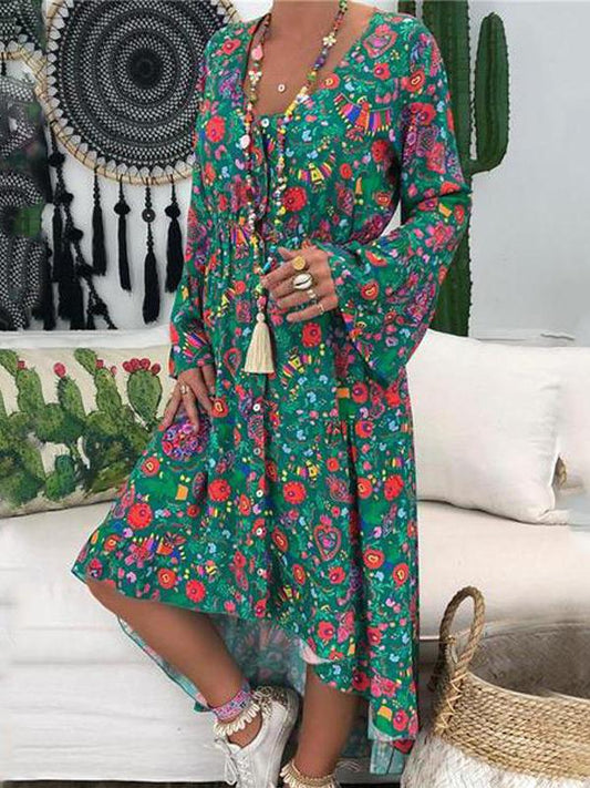 V-neck Floral Printed Long Sleeve Maxi Dress
