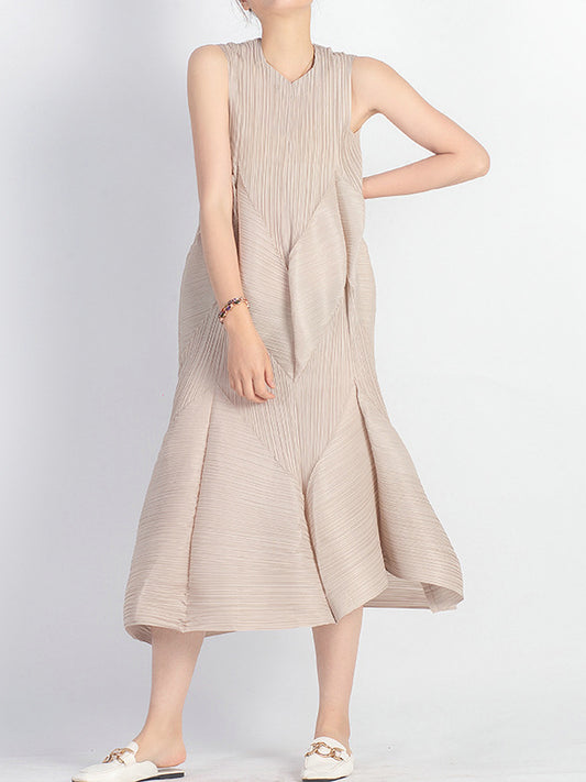 Casual Sleeveless Loose Pleated Solid Color Round-Neck Midi Dresses
