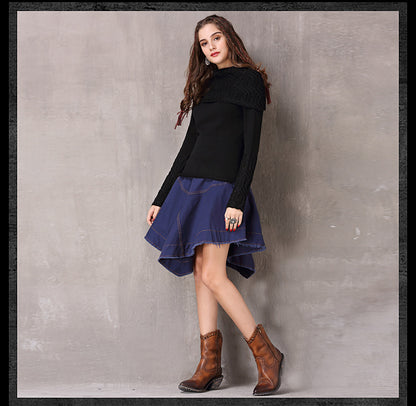 Spring Vintage Cotton Wool Fllower Pullovers Turn-down Collar Full Sleeve Boho Sweater