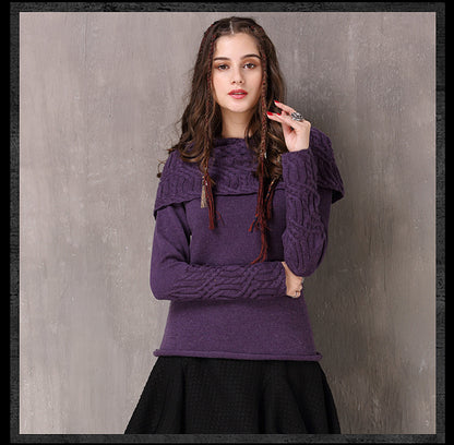 Spring Vintage Cotton Wool Fllower Pullovers Turn-down Collar Full Sleeve Boho Sweater