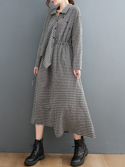 Artistic Retro Irregular Split-Joint Plaid Pleated Buttoned Elasticity Waist Lapel Collar Long Sleeves Midi Shirt Dress