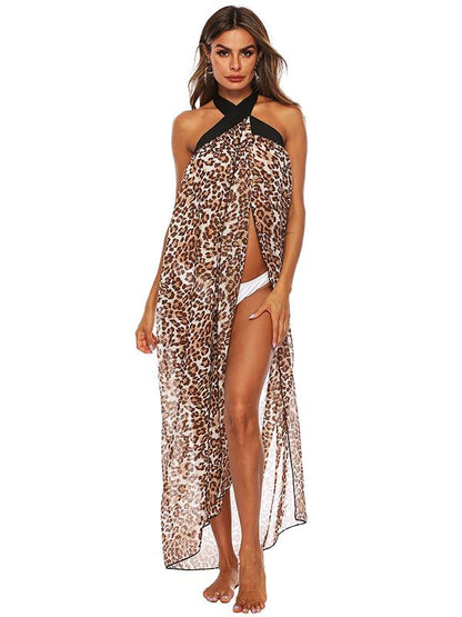 One Piece Irregular Leopard Chiffon Bandage Sunscreen Cover Up