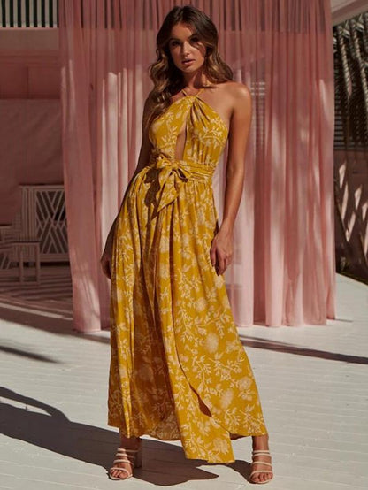 Printed Sexy Open-back Maxi Dress