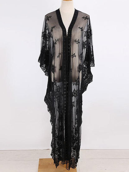 Lace See-Through Embroidered Bat Sleeve Tunicshang Cover-Ups Tops