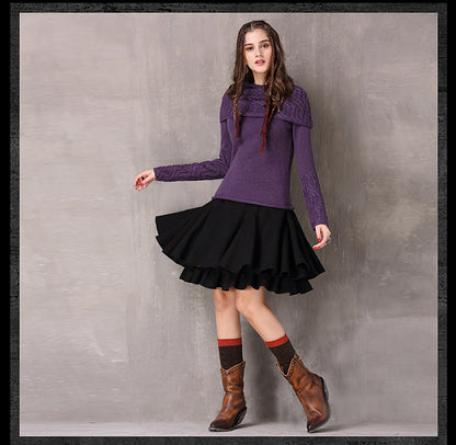Spring Vintage Cotton Wool Fllower Pullovers Turn-down Collar Full Sleeve Boho Sweater
