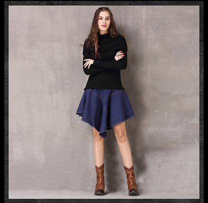 Spring Vintage Cotton Wool Fllower Pullovers Turn-down Collar Full Sleeve Boho Sweater
