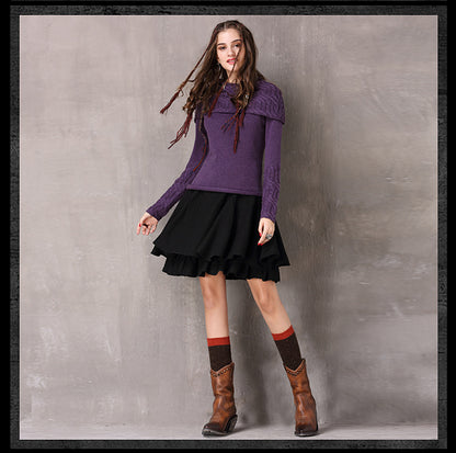 Spring Vintage Cotton Wool Fllower Pullovers Turn-down Collar Full Sleeve Boho Sweater