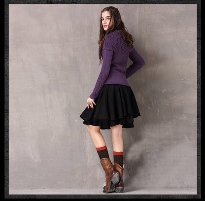 Spring Vintage Cotton Wool Fllower Pullovers Turn-down Collar Full Sleeve Boho Sweater