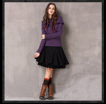 Spring Vintage Cotton Wool Fllower Pullovers Turn-down Collar Full Sleeve Boho Sweater