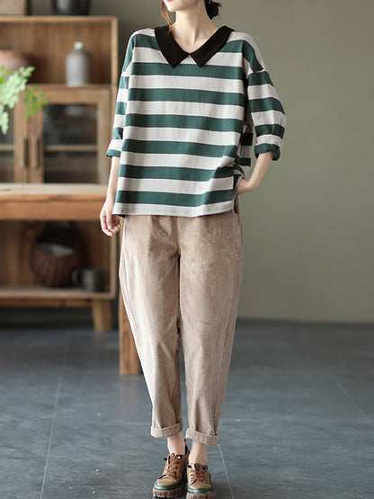 Casual Striped Contrast Color Long Sleeves Doll Collar Loose T-Shirt Tops