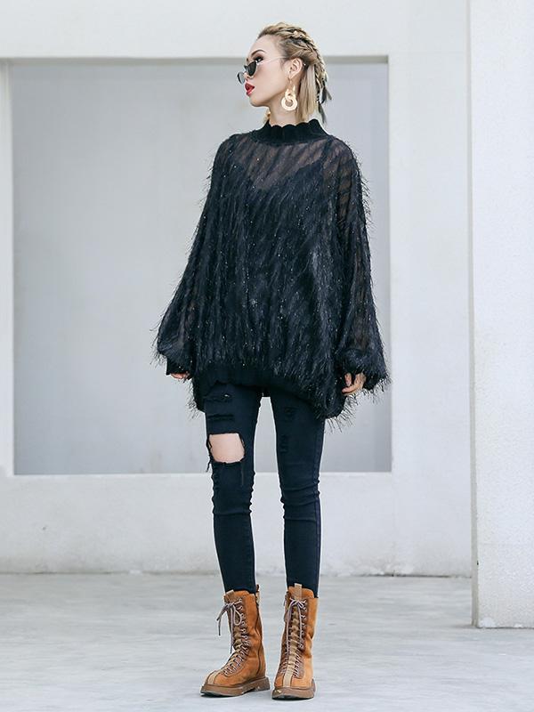 Fuzzy Tasseled See-through Batwing Sleeves Shirt Top