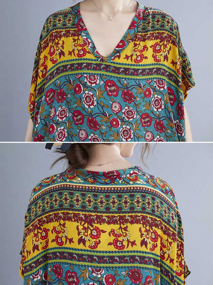 Vacation Flower Print V-Neck Batwing Sleeve Maxi Dress