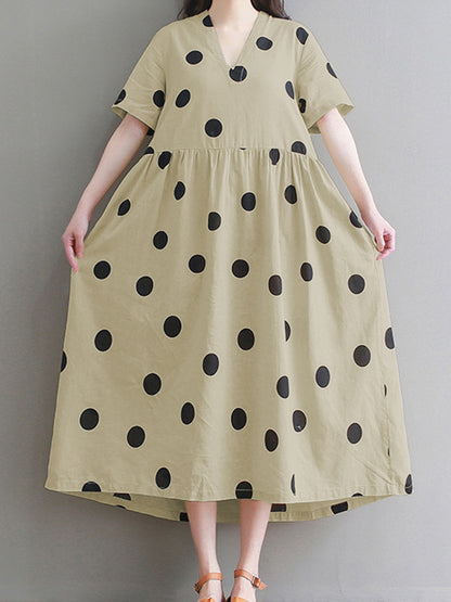 Original Polka-Dot Short Sleeve V-Neck Midi Dress