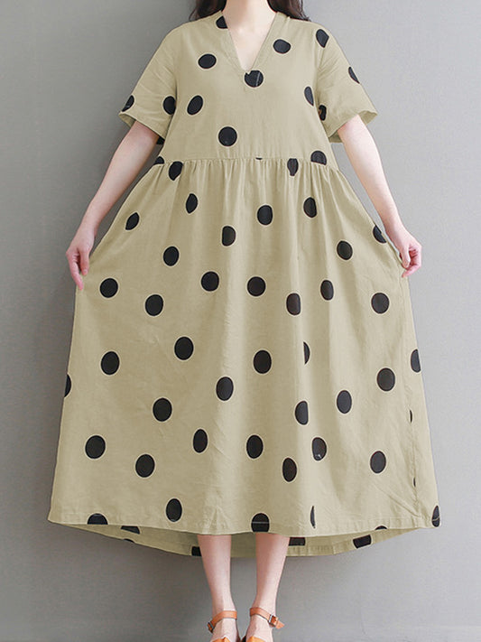 Original Polka-Dot Short Sleeve V-Neck Midi Dress